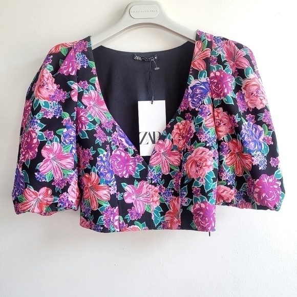 New Zara Floral Print Sweetheart Neckline Short Puff Sleeves Crop Top NWT XS - Picture 11 of 16